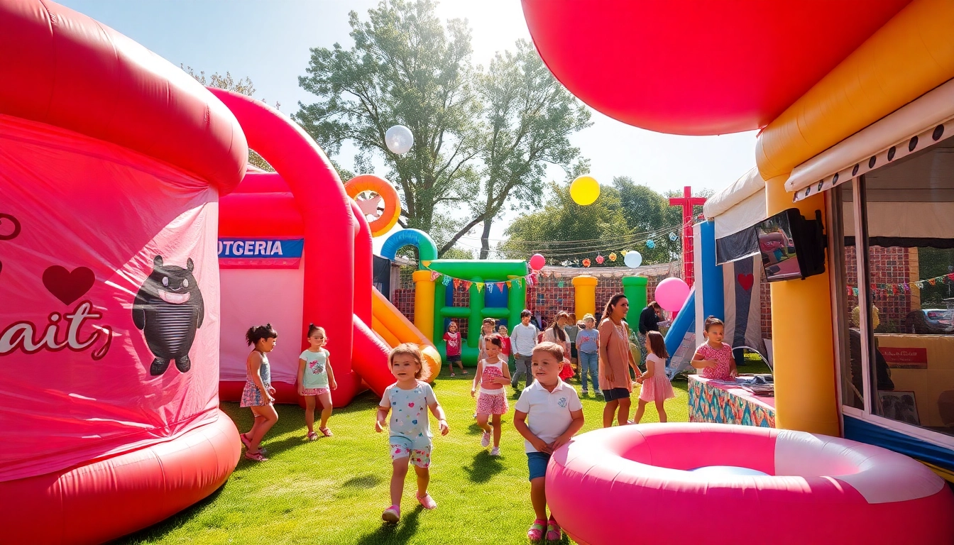 Kids enjoying inflatables for rent near me at a lively outdoor party, surrounded by colorful decorations.