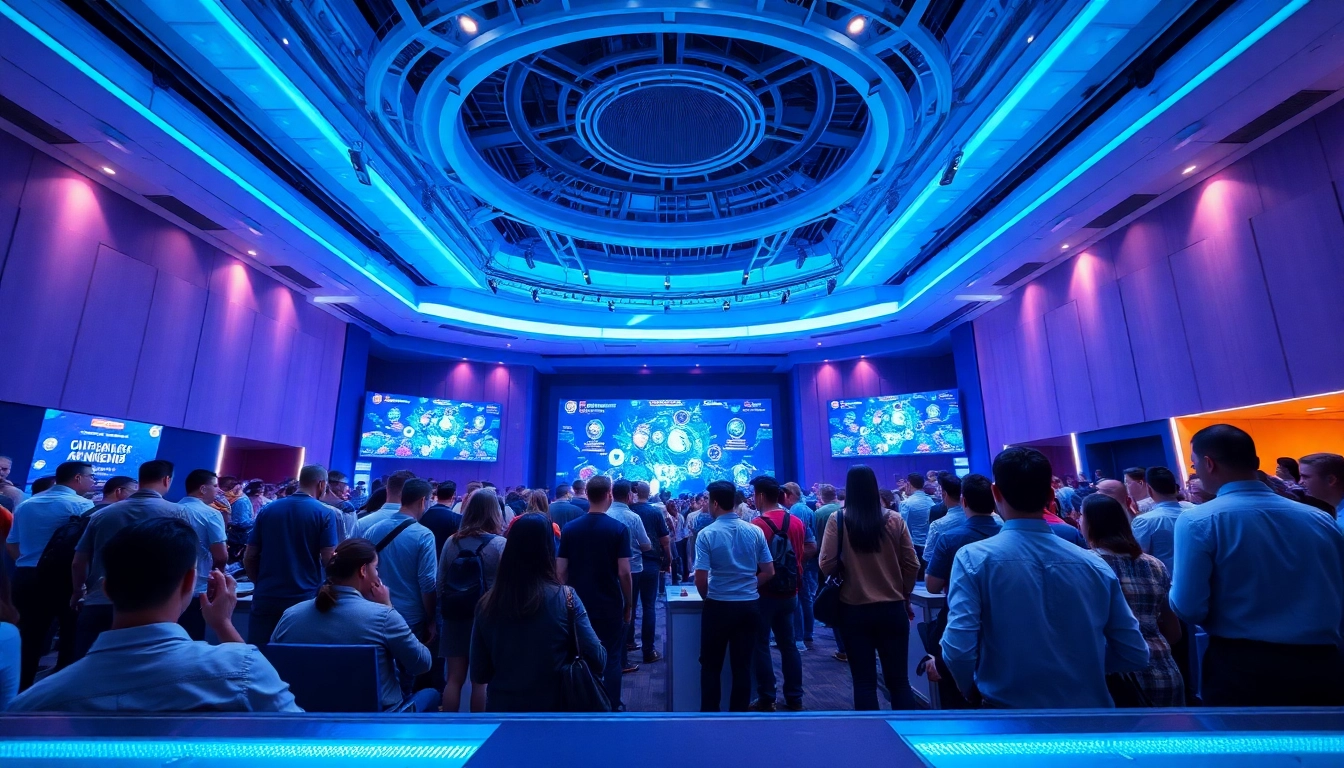 Tech enthusiasts engage with innovative displays at a vibrant conference hall.