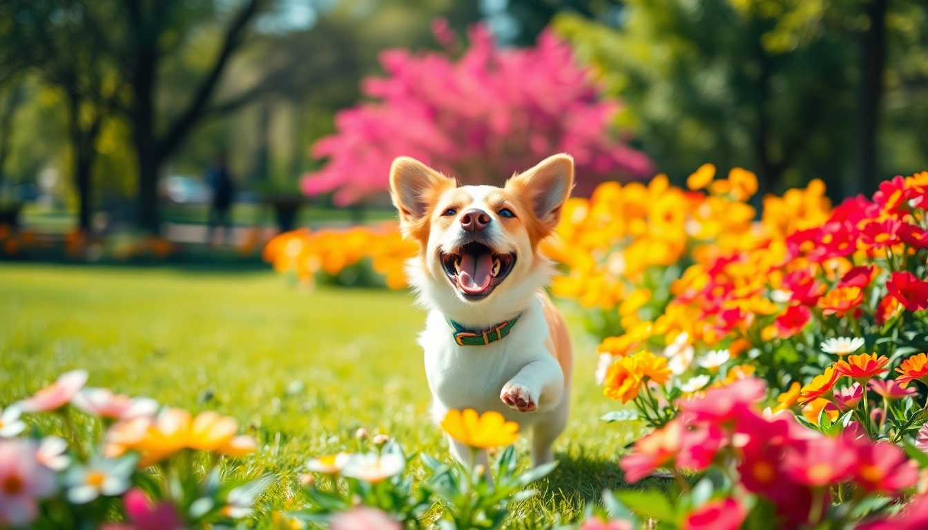 Active dog enjoying a bright day at Kate's K9 Pet Care, showing happiness in a lush garden.