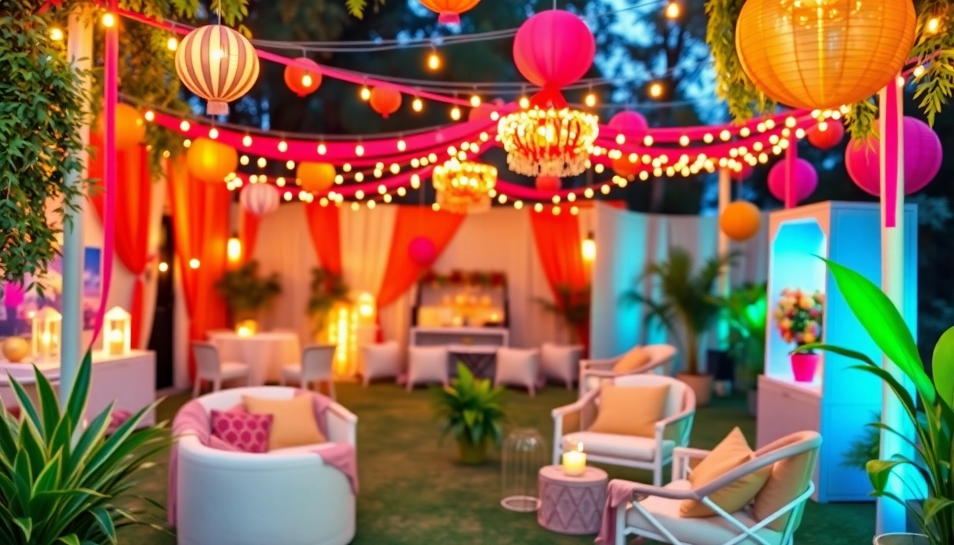 Host a Unique Event in a beautifully decorated outdoor venue with vibrant lighting and lush greenery.