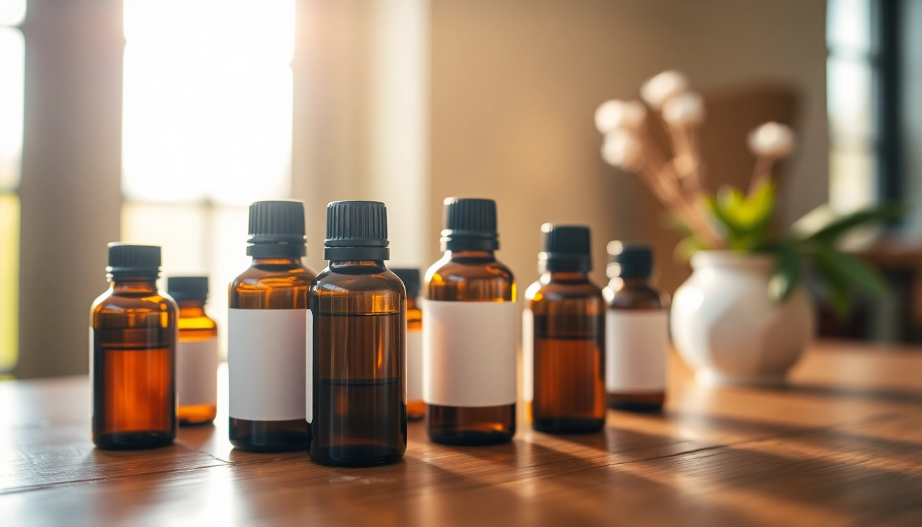 Essential oil bottles arranged elegantly, showcasing their unique colors and textures in natural light.