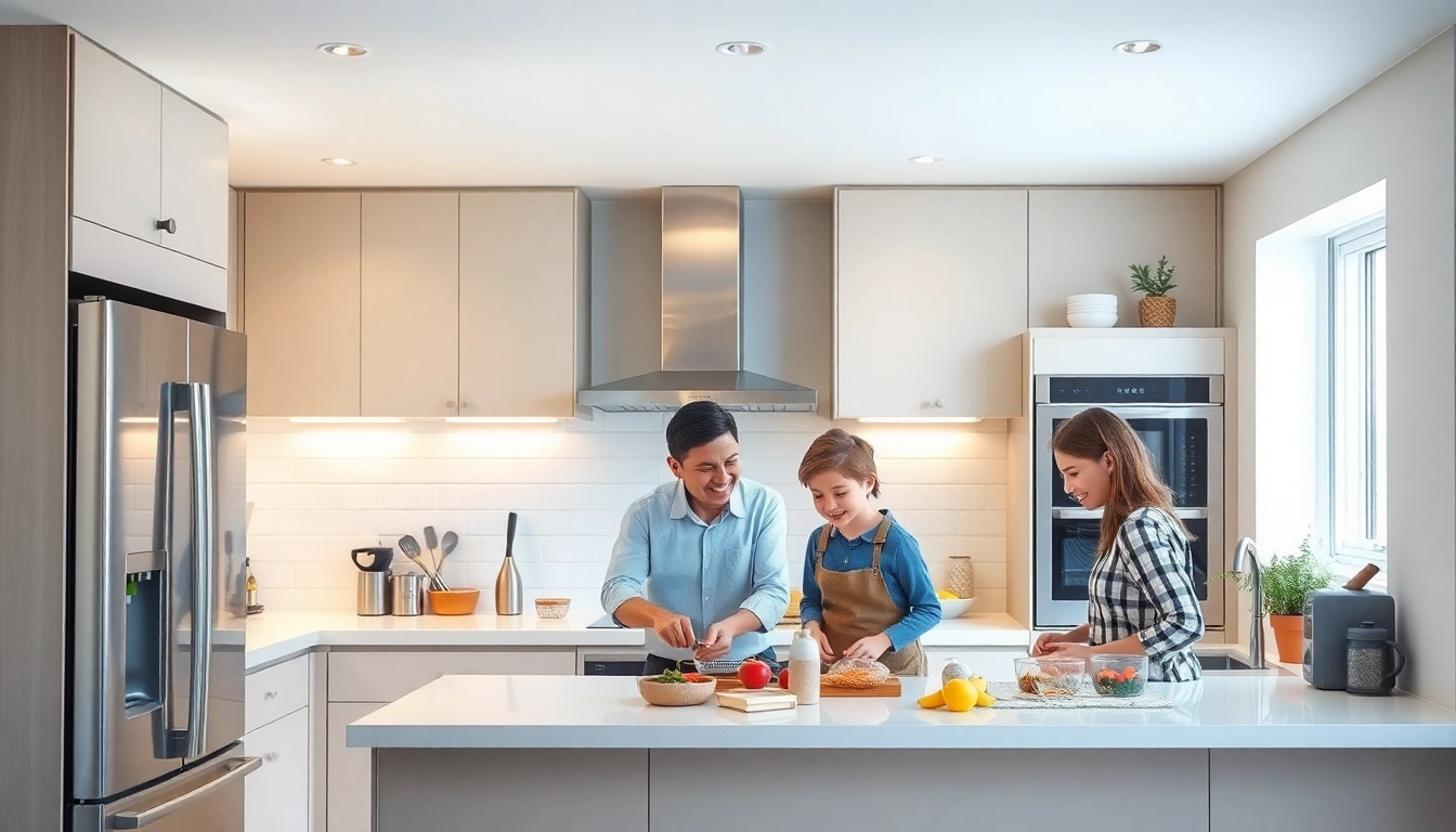 Showcase a family enjoying cooking with affordable kitchen appliances, emphasizing style and functionality.