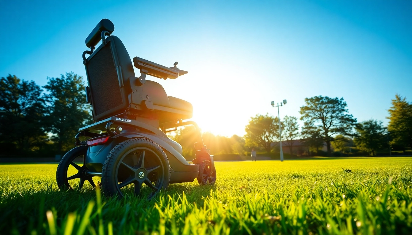 Power wheelchair maneuvering effortlessly through a sunny park landscape with sleek design.