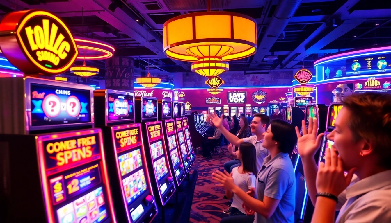 Watch players enjoying free spins at slot machines in a lively casino setting, showcasing vibrant action.