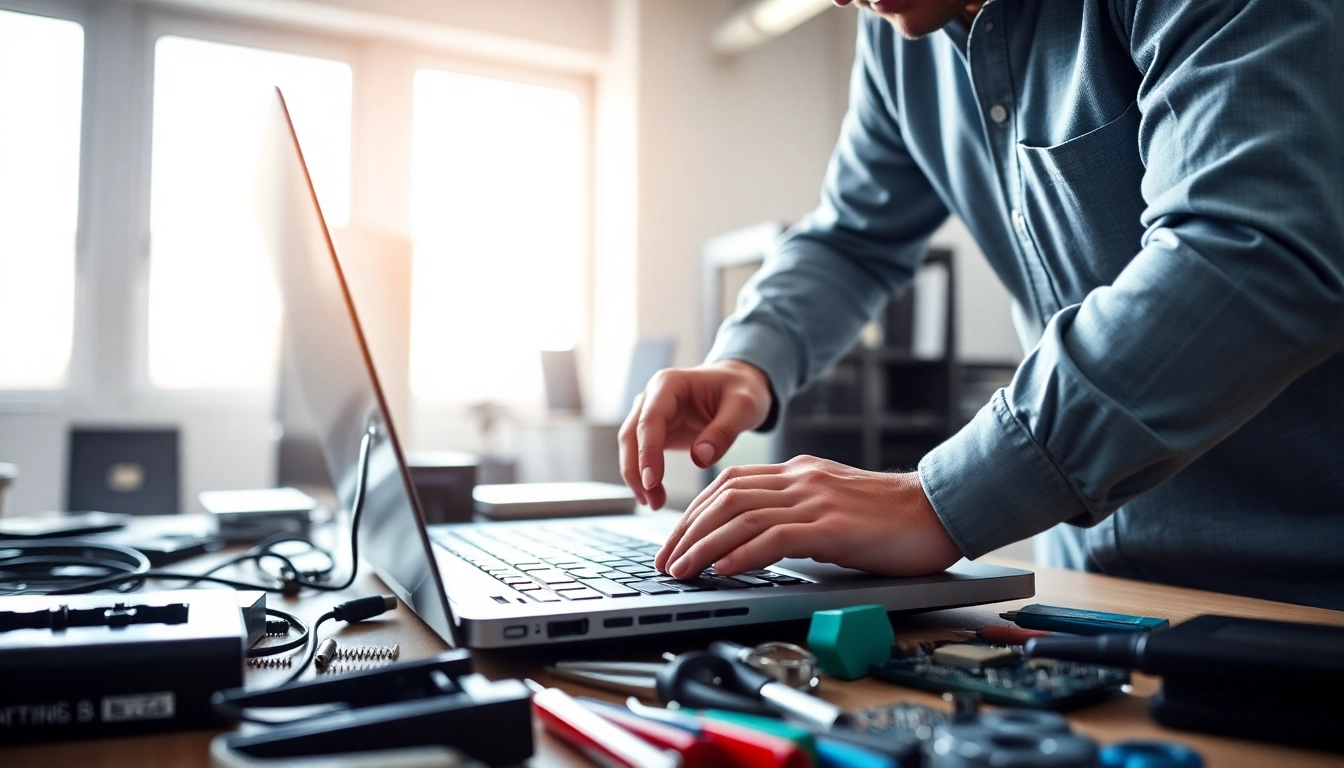Riparazione pc torino con un tecnico esperto che ripara un laptop in un ambiente professionale.