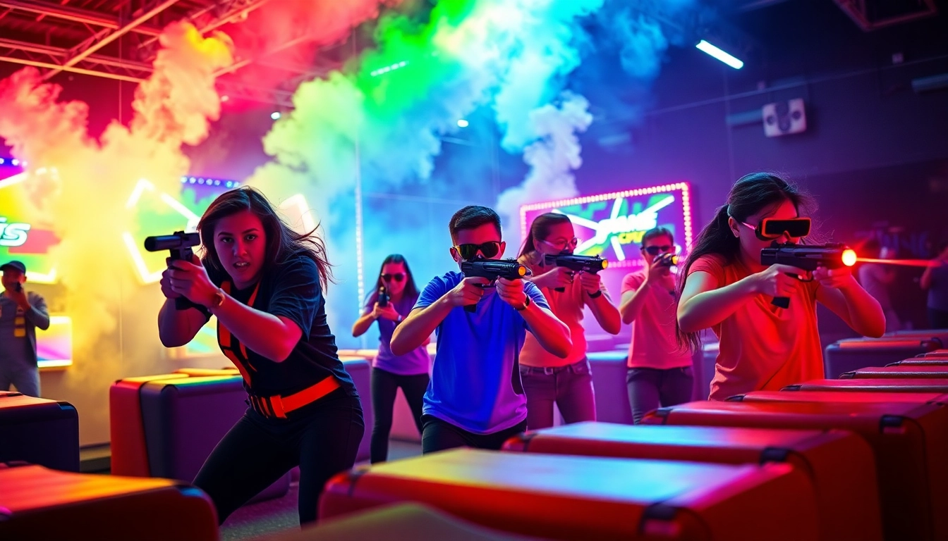 Players competing in an exciting game of laser tag in a colorful arena with dynamic lighting.