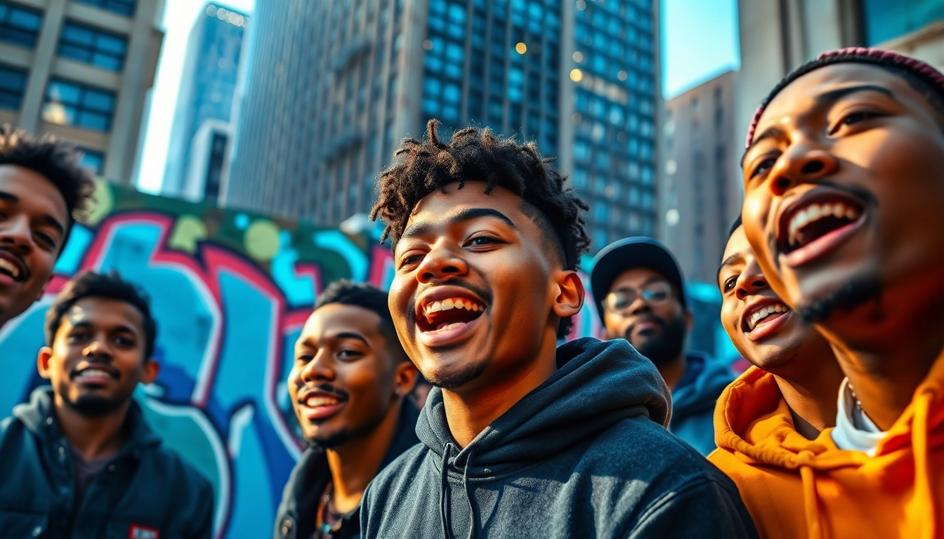 Capture of young rappers performing Chicago rap lyrics against vibrant graffiti in an urban setting.