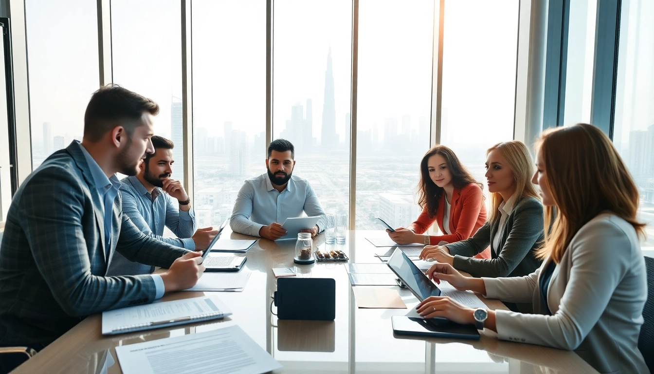Discussing trademark registration in Dubai during a professional business meeting in a modern office.