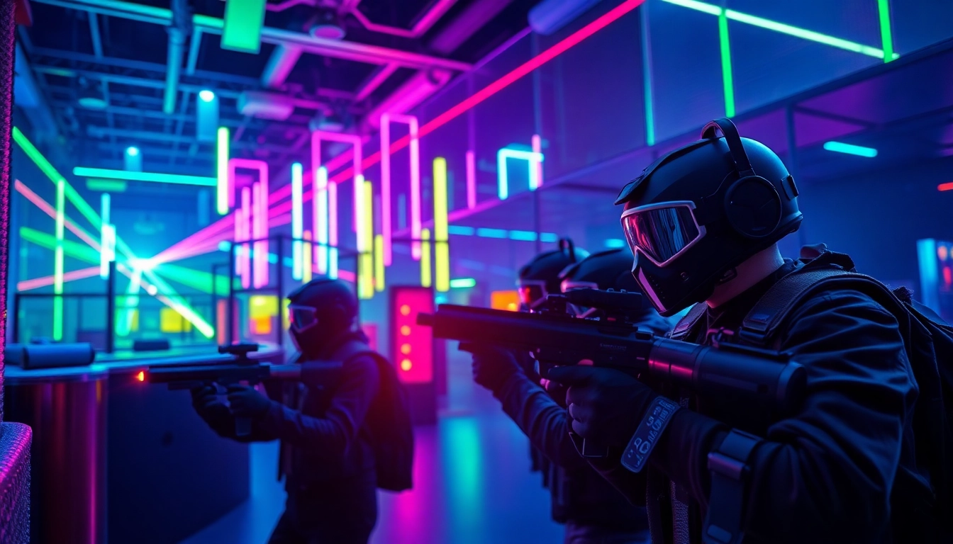 Dynamic laser tag gameplay with players in tactical gear strategizing in a neon-lit arena.