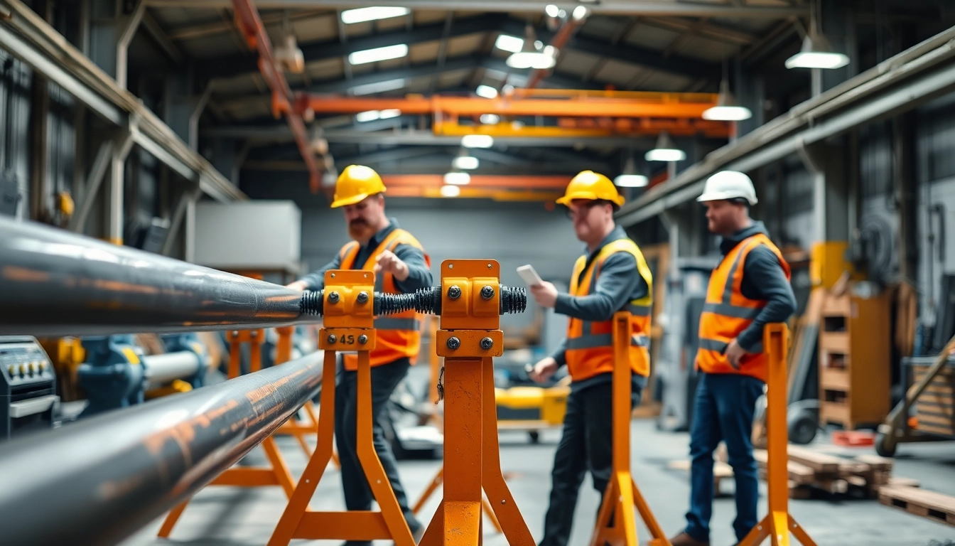 Professional construction workers utilizing pipe stands to support heavy pipes in a well-equipped workshop.