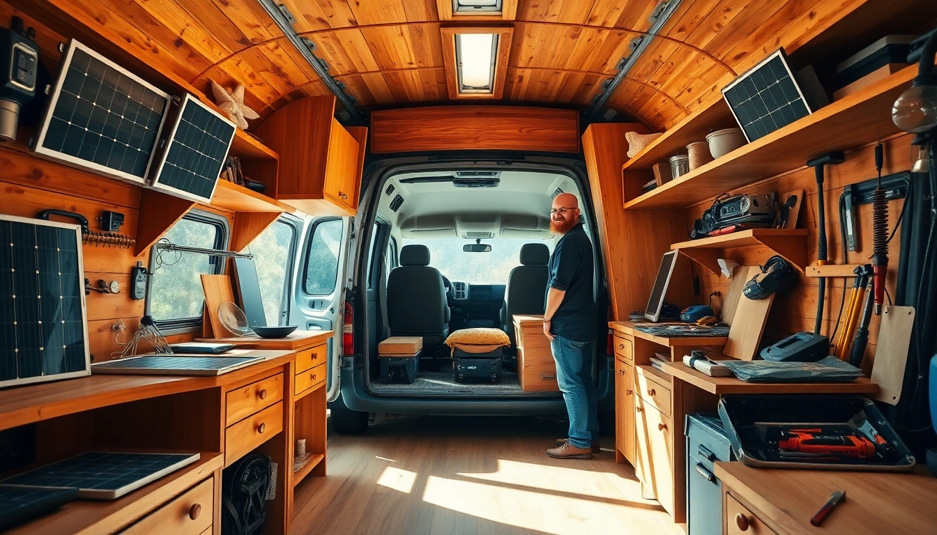 Upgrading Camper Vans features professional tools and parts in a vibrant workshop setting.
