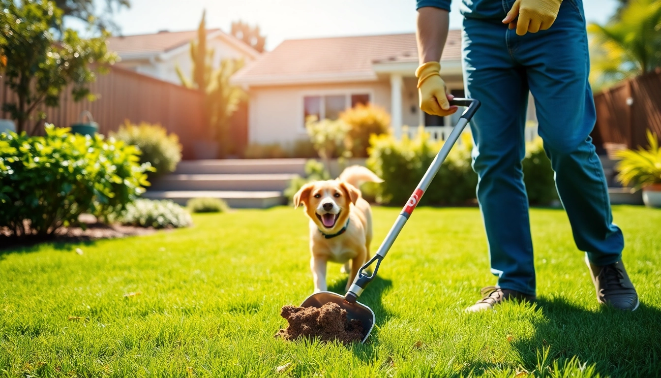 Dog poop cleanup service being performed in a clean backyard with a happy dog.