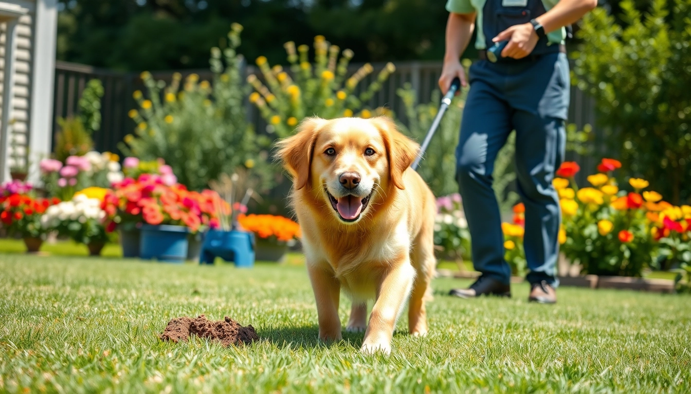 Dog clean up service technician professionally cleaning a yard with a playful dog.