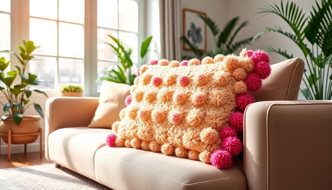 Style your home with a vibrant Pompom Cushion Cover, showcasing its playful texture and colors.