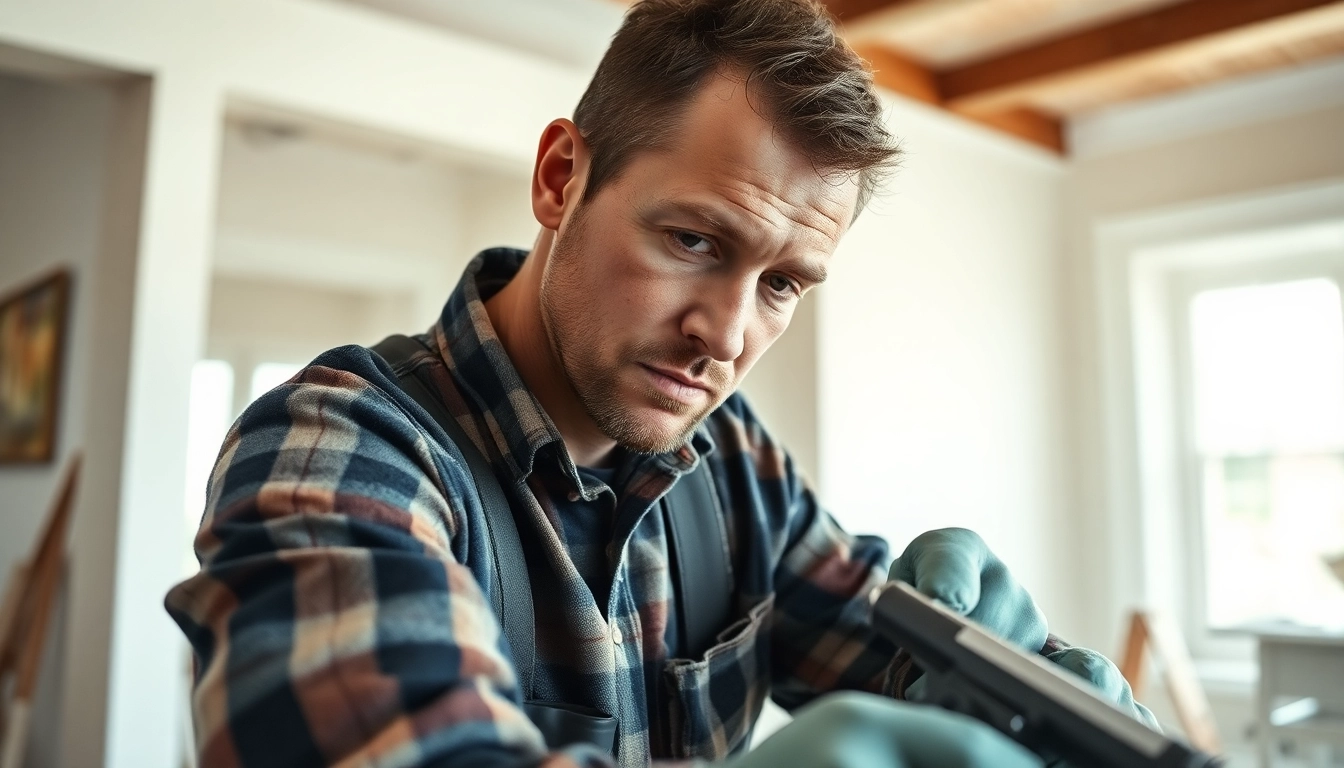 Technician performing drywall repair madison wi in a well-lit home setting, showcasing expertise and tools.