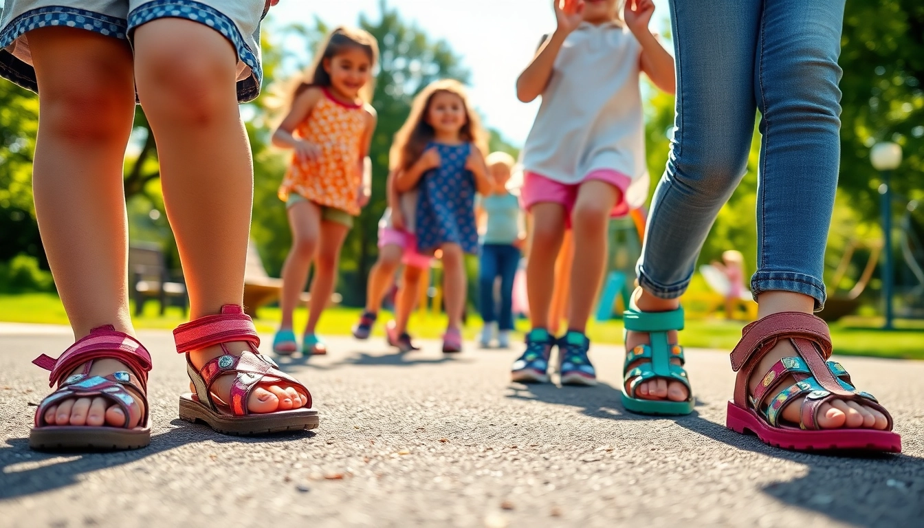 Entdecken Sie farbenfrohe Kindersandalen, die Kinder beim Spielen im Freien tragen.