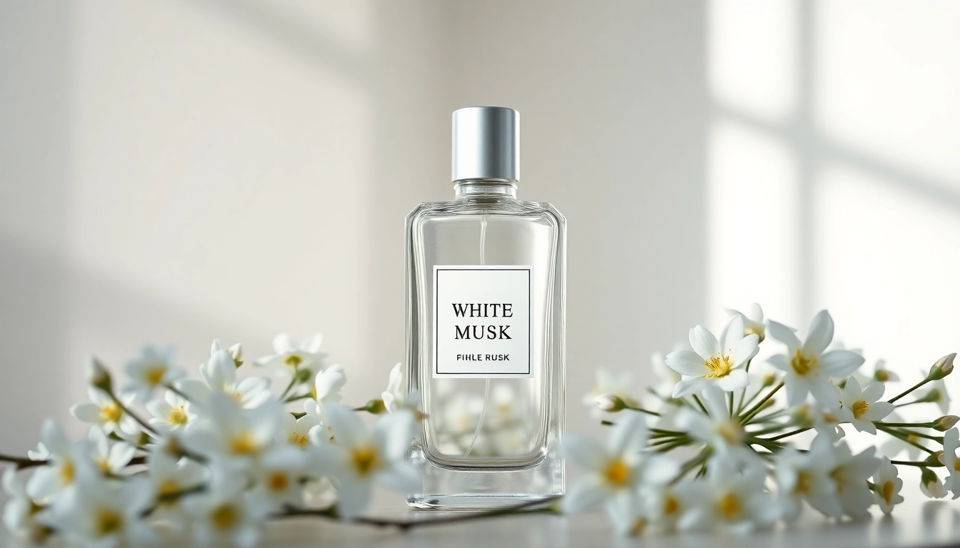 Vaporiser du parfum White musk entouré de fleurs blanches délicates sur un fond élégant.