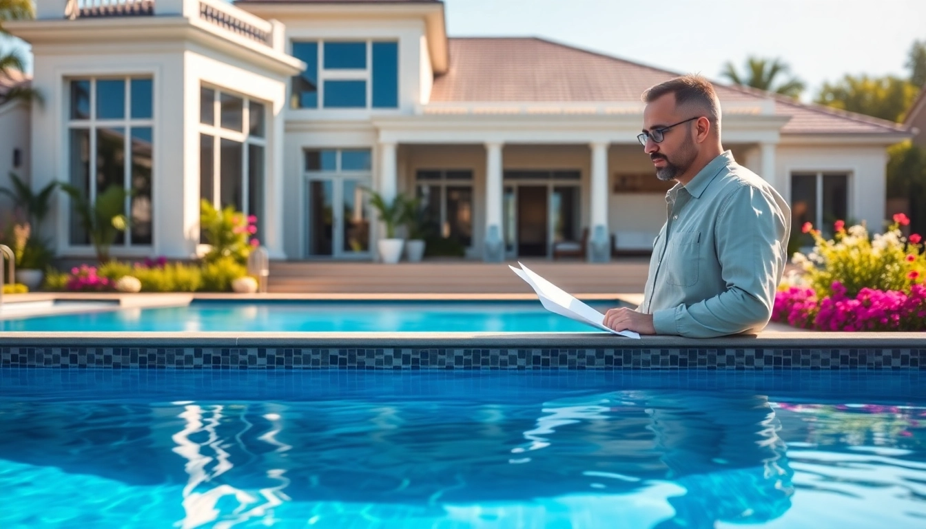 Skilled swimming pool builder assessing a luxury pool project in a beautiful backyard setting.