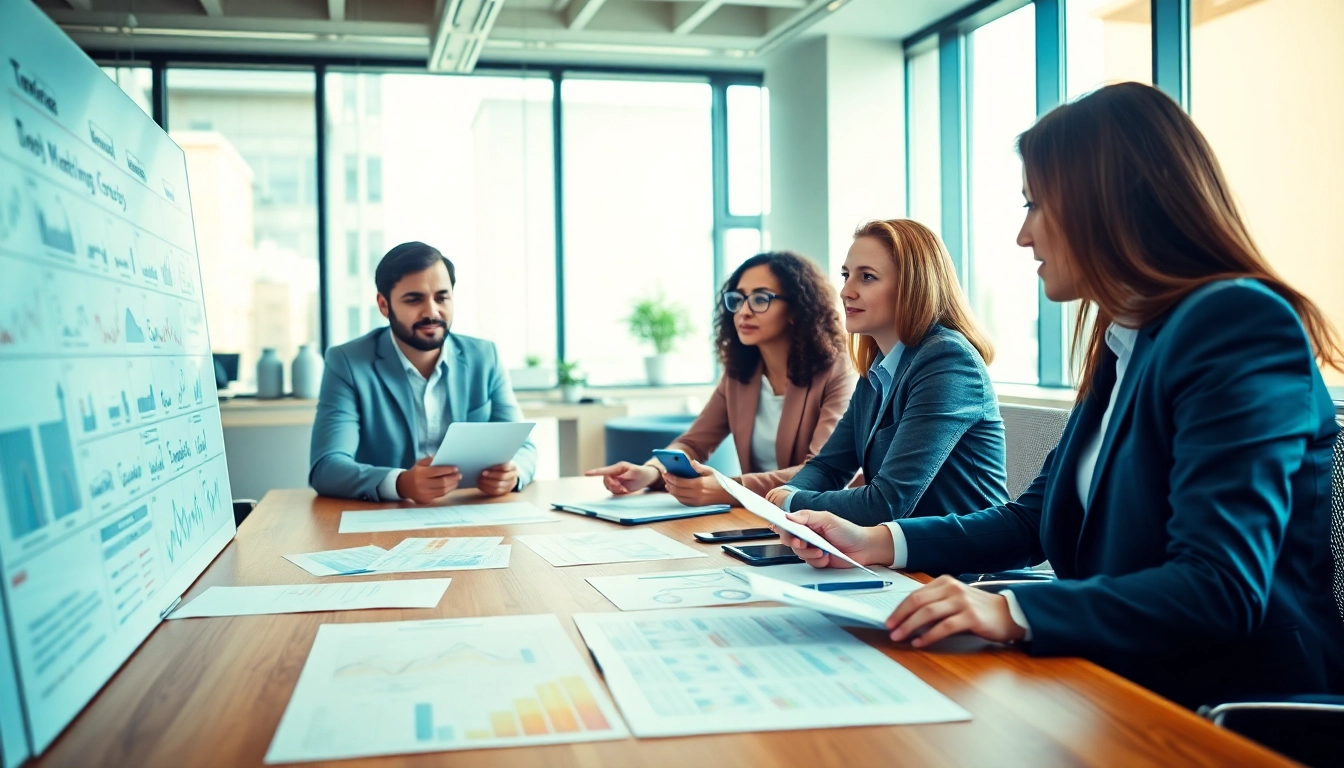 Trade marketing strategy session with a diverse team collaborating on promotional activities.