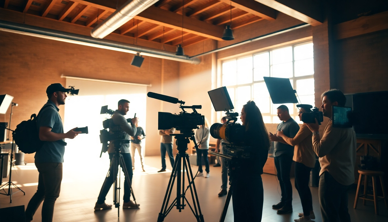 Produce engaging 홍보영상제작 in vibrant studio setting with creative team at work.