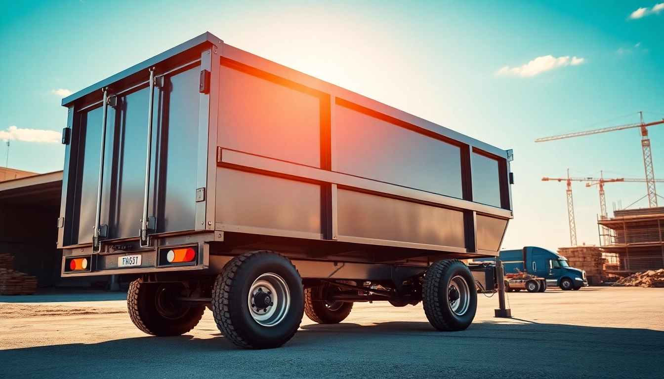 Browse dumpster trailers for sale with robust features in a professional urban setting.