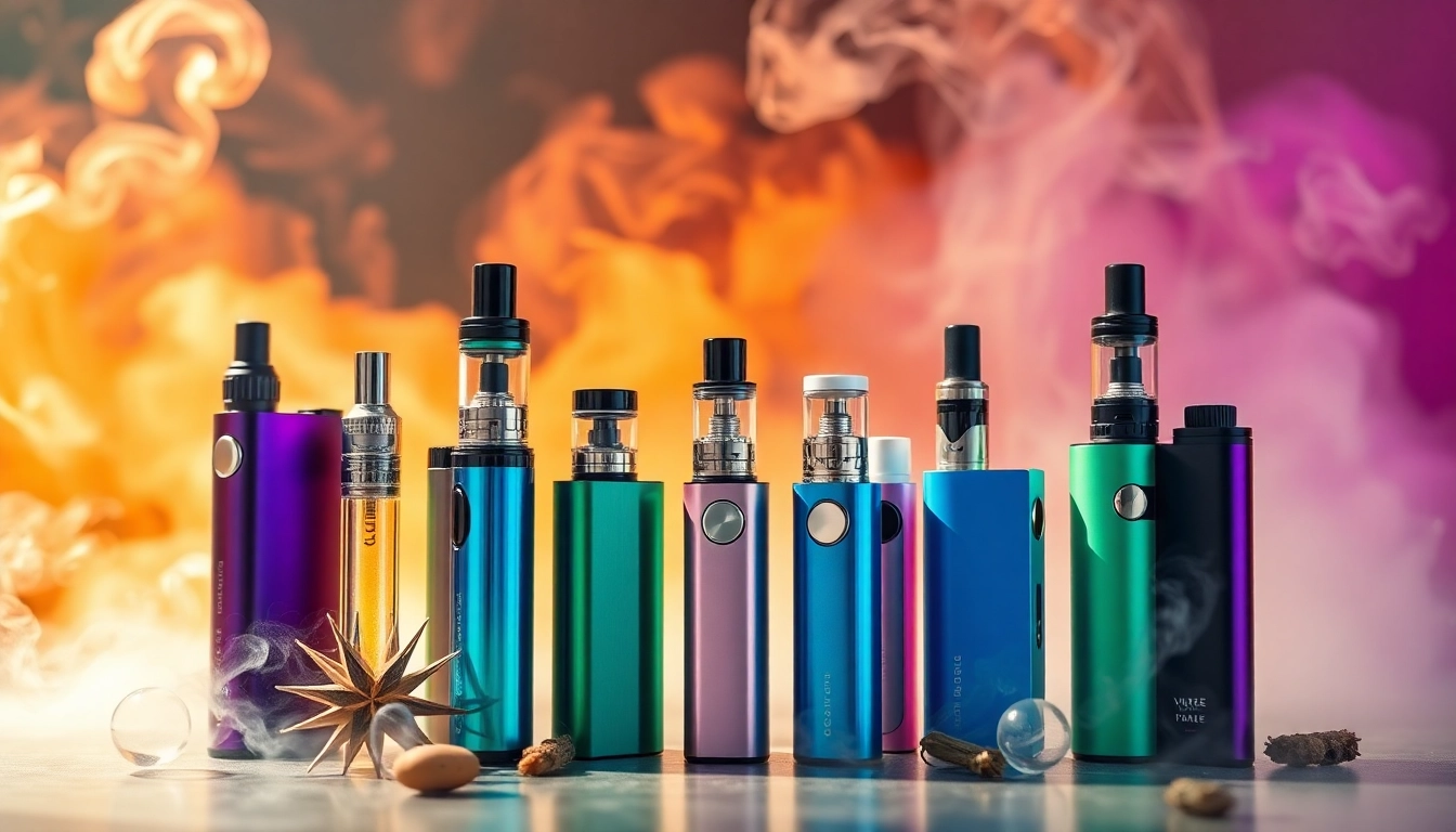 Vibrant display of the best disposable vape devices surrounded by colorful smoke atmosphere.