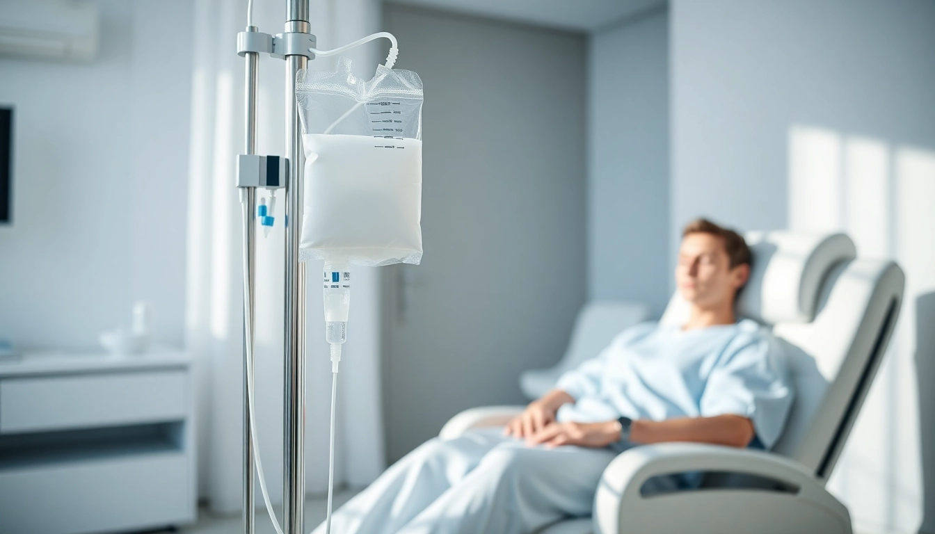 Implementing IV Therapy in a serene clinic scene with a patient relaxing.