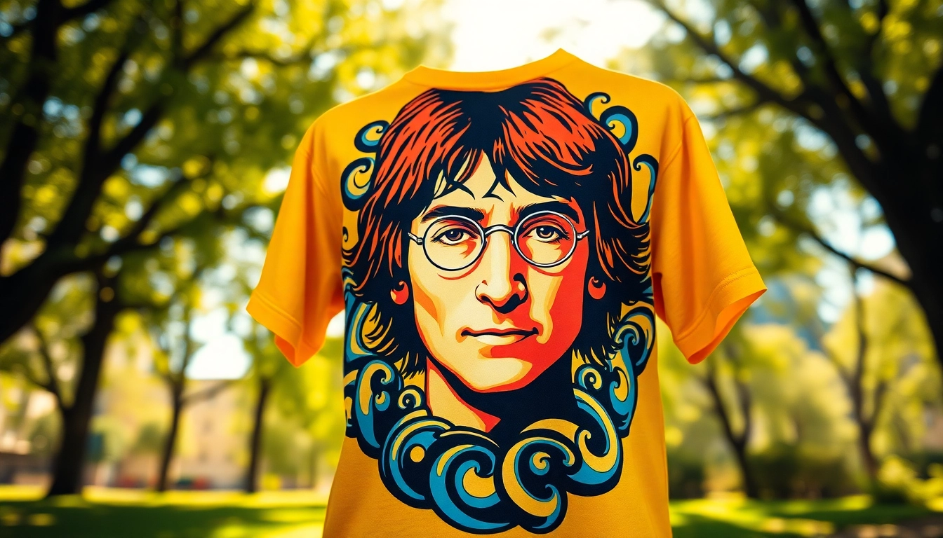 Showcasing a vibrant and iconic John Lennon T-shirt featuring a colorful graphic of his face.