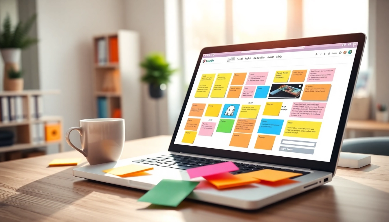 Showcasing social media and blog automation workspace with colorful notes and a laptop.