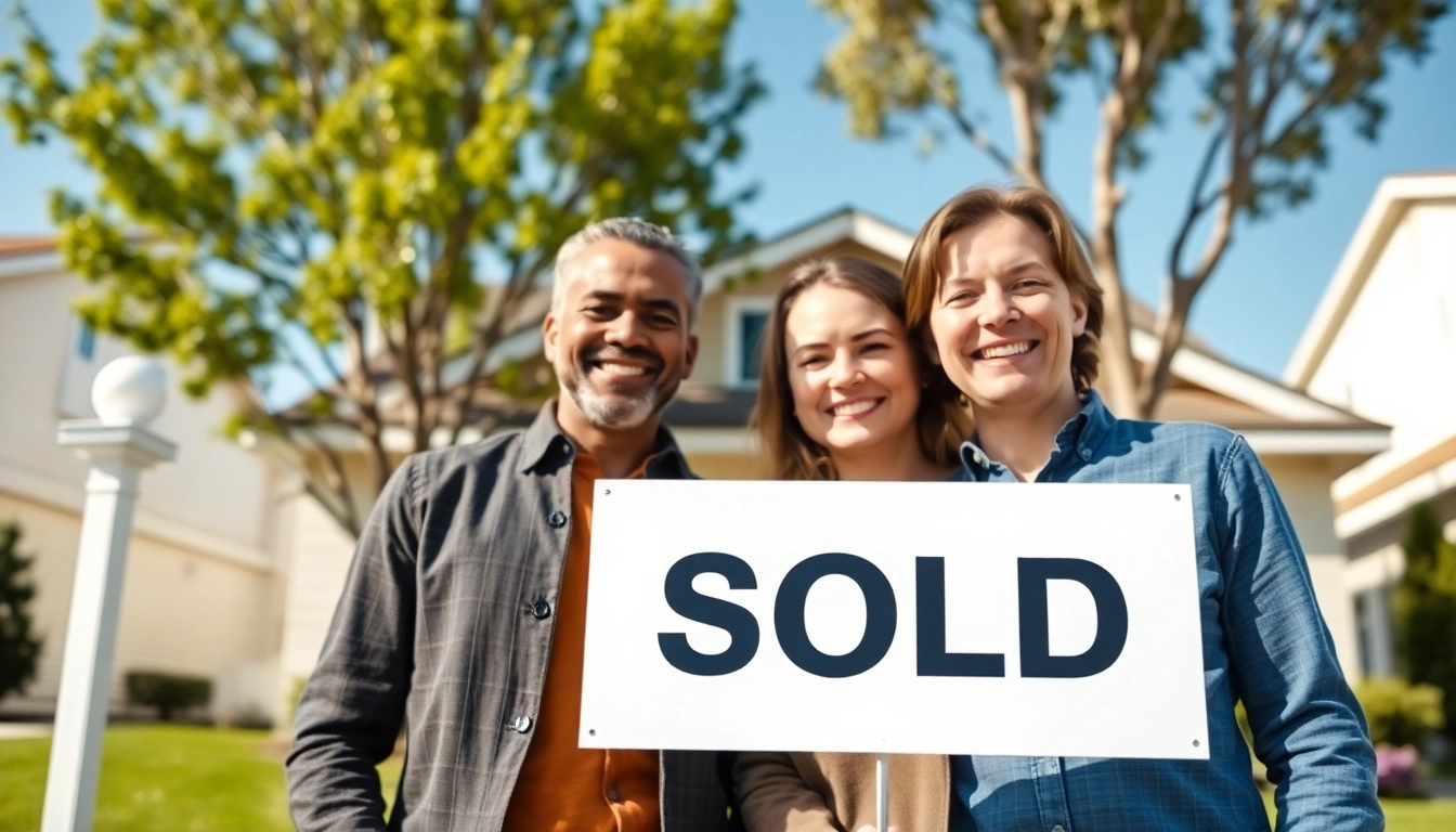Celebrate the joy of selling fast; a couple outside their sold home, buy my property fast