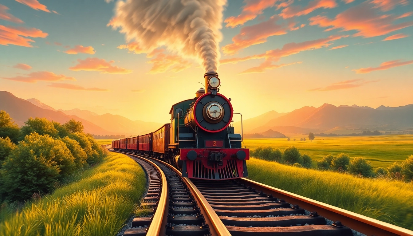 Download the Railroad Tycoon game featuring a vintage train running through an idyllic landscape.