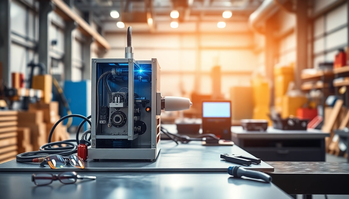 Laser welding machine shown in a modern workshop environment with detailed features and safety equipment.