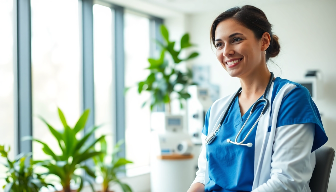 Highlighting the Alabama Board of Nursing, a professional nurse engages with a patient in a modern healthcare setting.