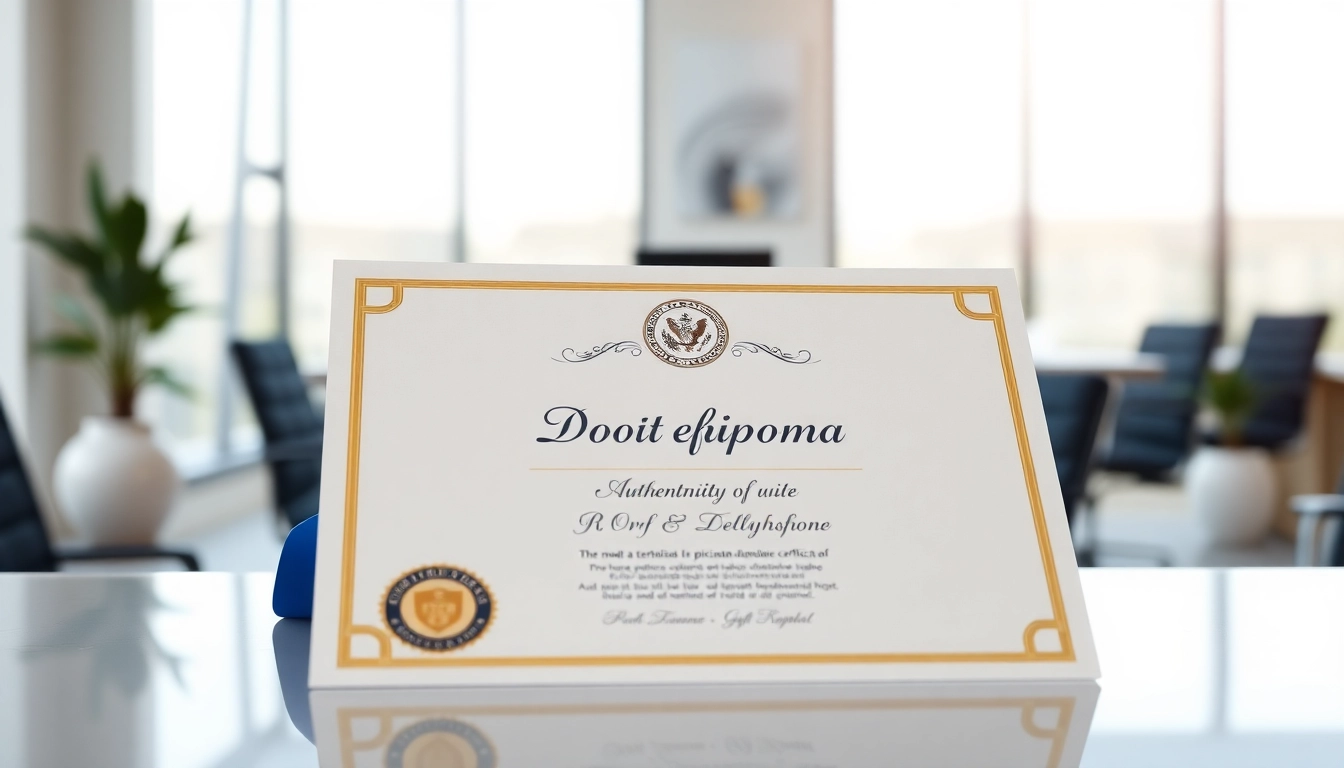 Buy diploma featuring an authentic design showcased in a professional office setting.