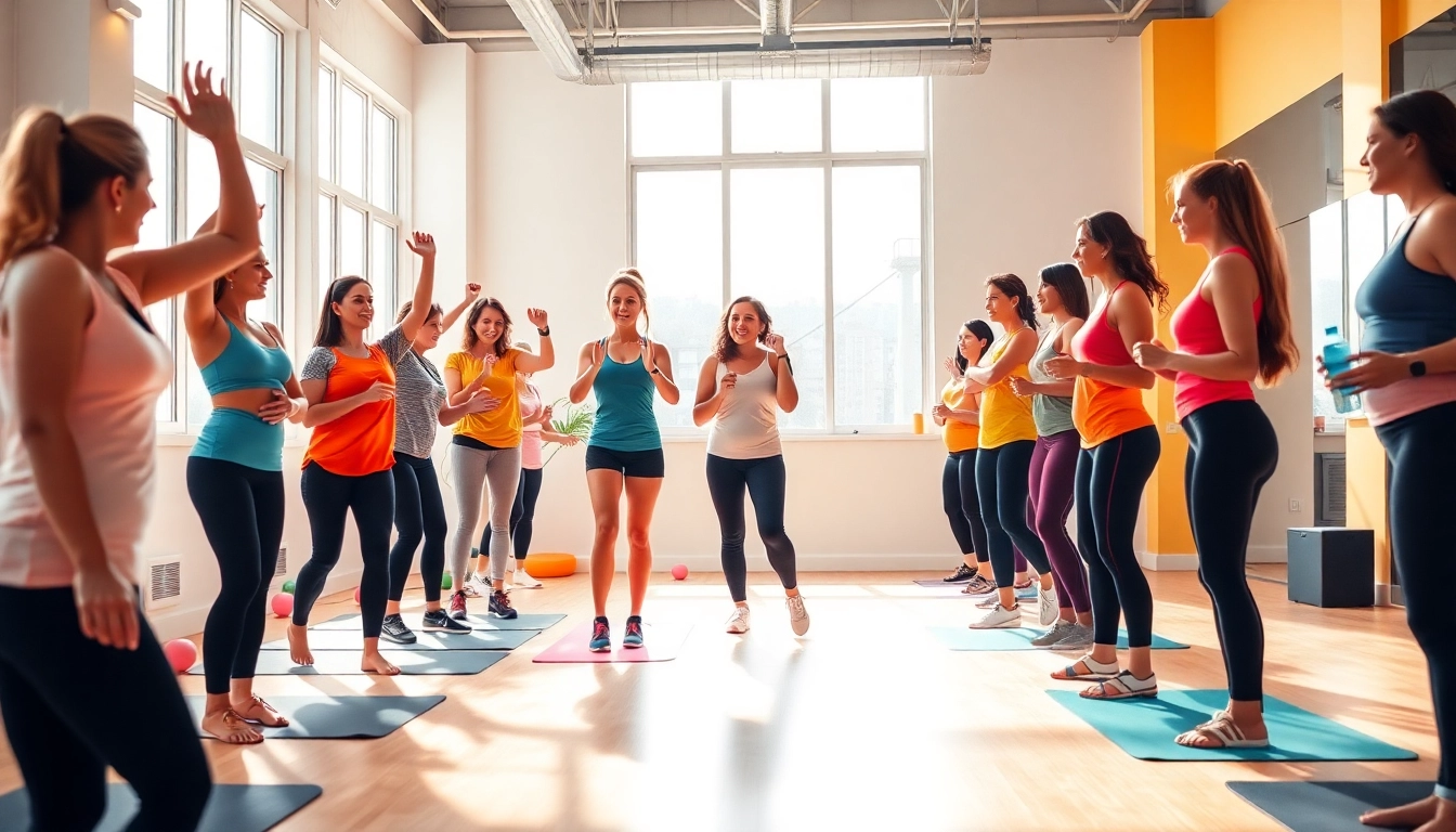 Engaging weight loss program for women featuring dynamic fitness class with active participants.
