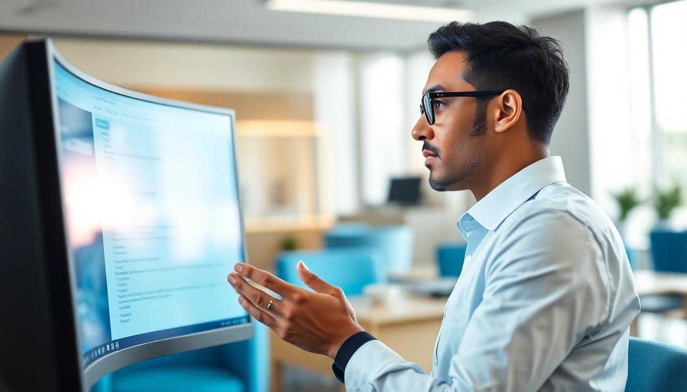 AI chat bot engaging with a user in a professional office setting, showcasing innovative technology.