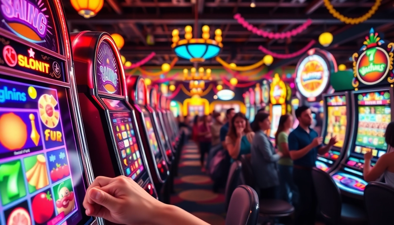 Permainan slot yang menarik dengan mesin game slot bercahaya dan pemain yang antusias.