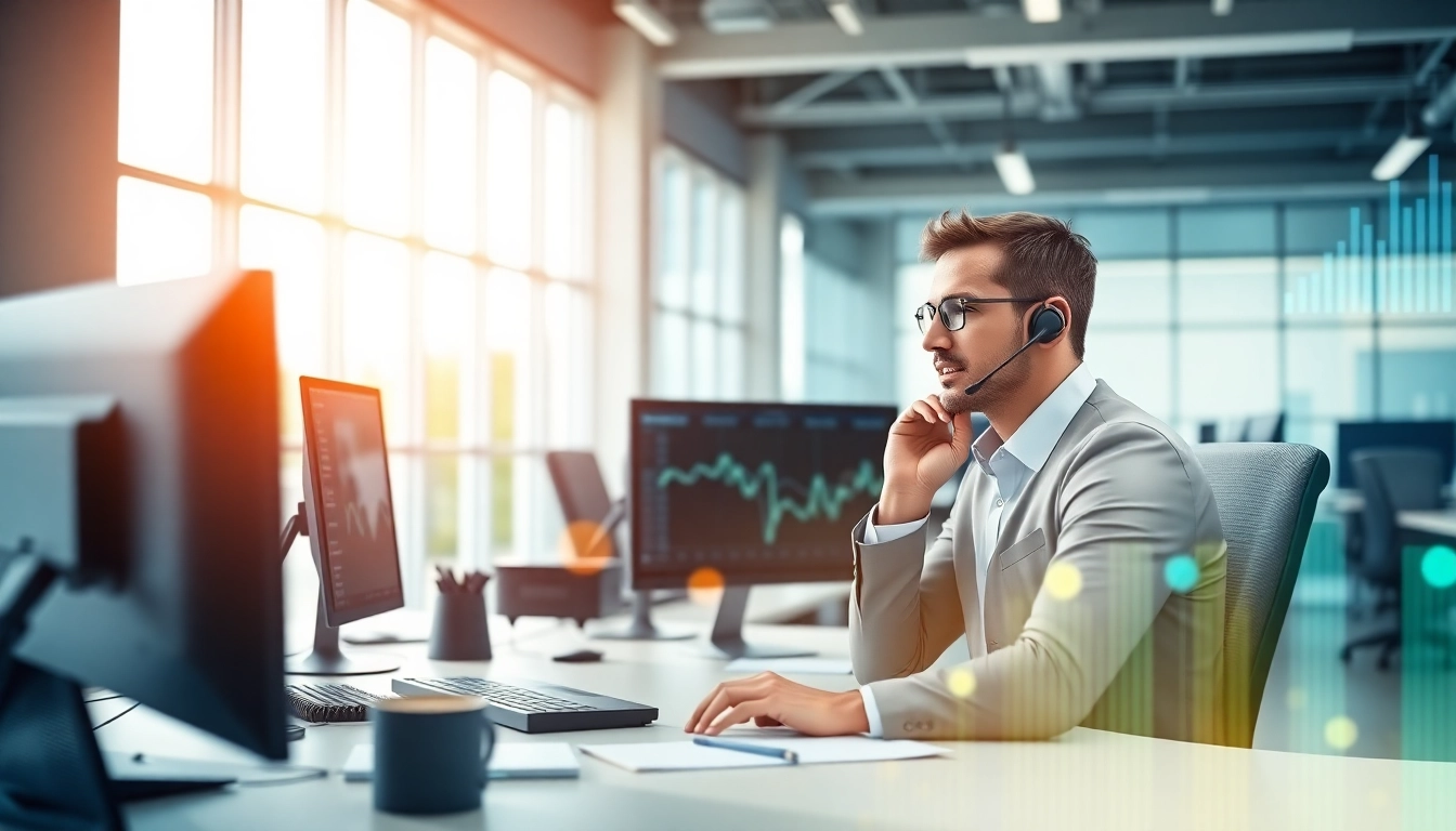 Agent analyzing Call Center Pricing data in a modern office setting, showcasing professionalism and efficiency.