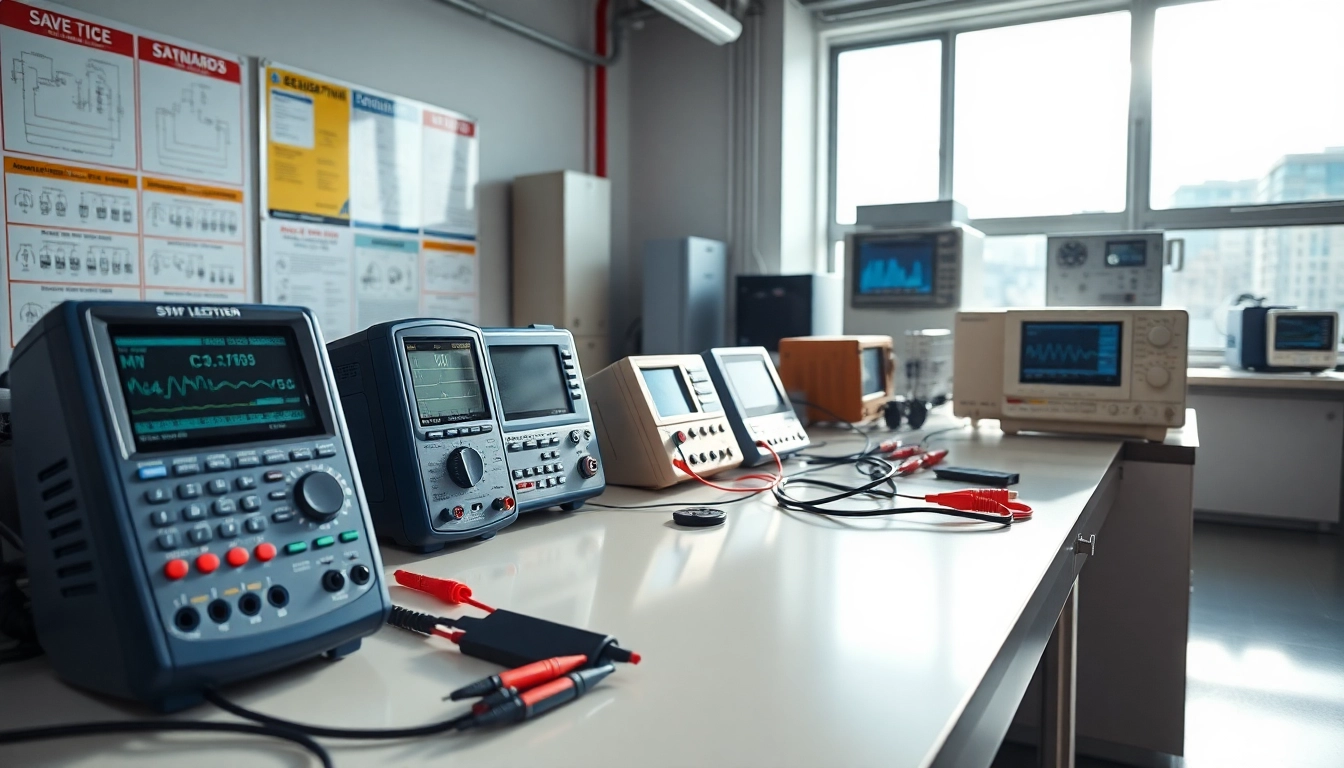 Electrical Testing tools and equipment arranged on a modern lab workstation, highlighting precision and safety.