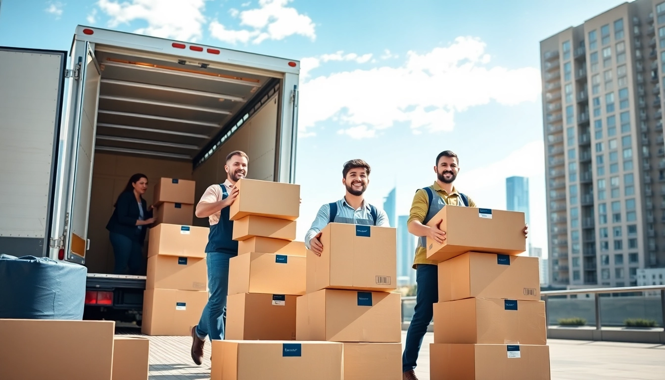 Team of professional movers demonstrating efficient service at https://bennettsmoving.com/ with boxes in an urban setting.