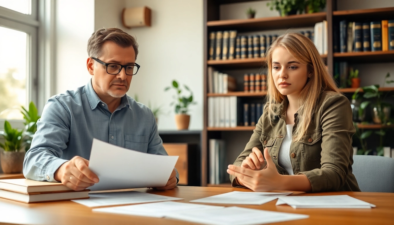 Engaging agriculture lawyer assists a farmer with legal documents in a professional setting.