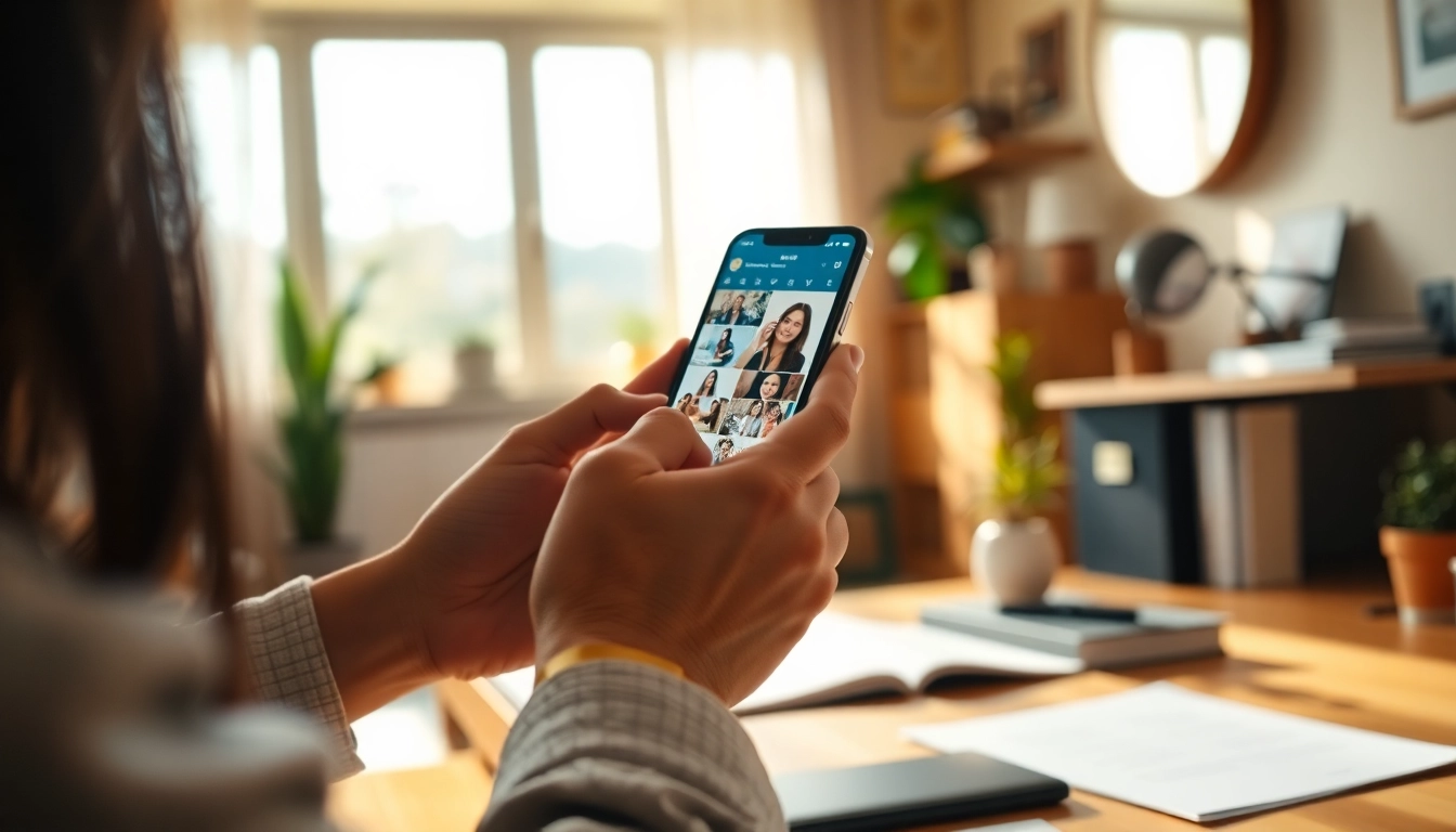View Instagram stories on a smartphone in a warm home office setting, highlighting user engagement.