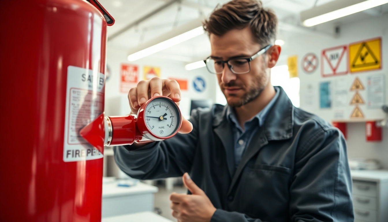 Performing fire extinguisher checks by a technician in a professional setting, ensuring safety compliance.