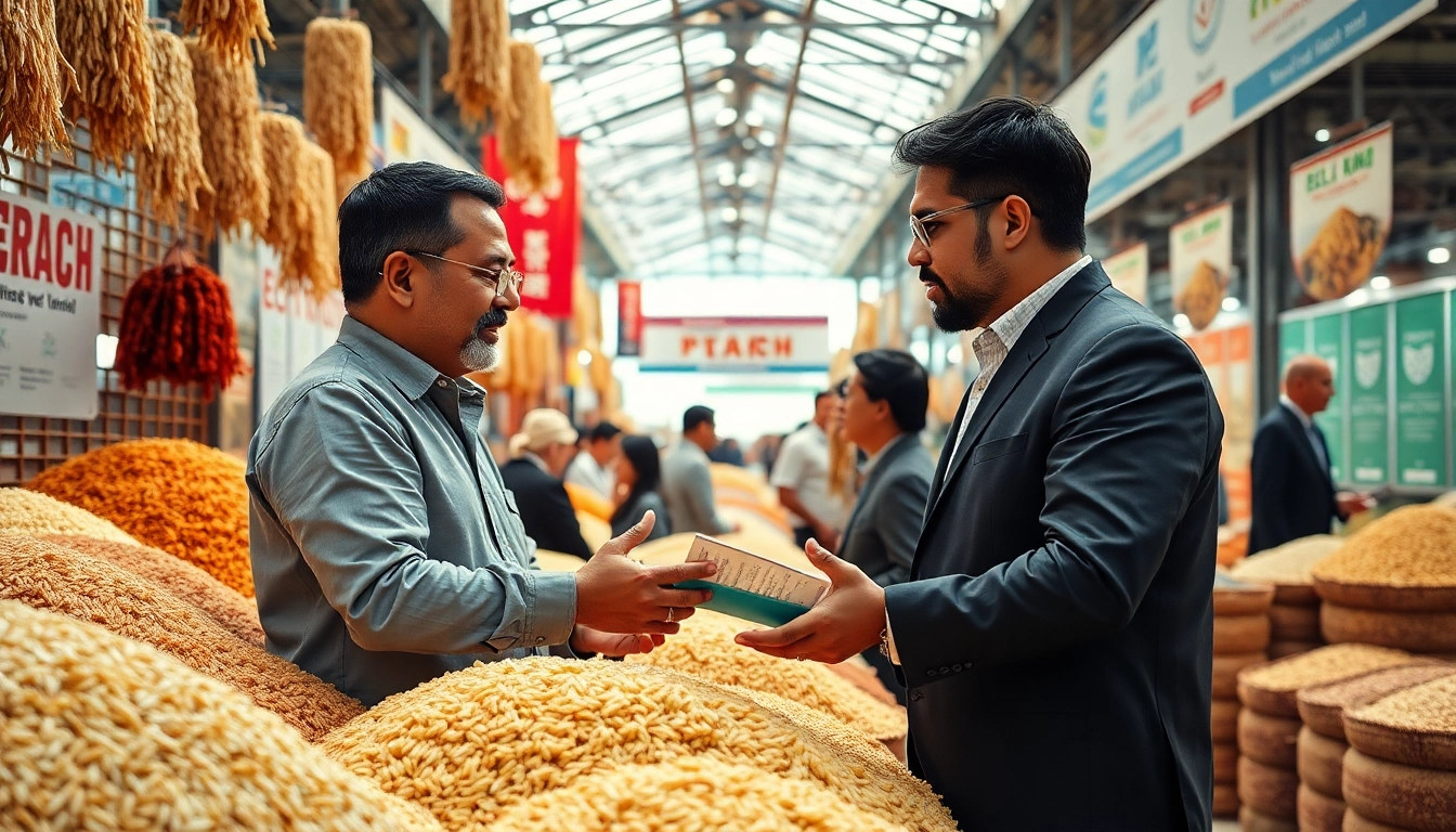 Rice importers discussing trade opportunities in a vibrant market setting filled with rice varieties.