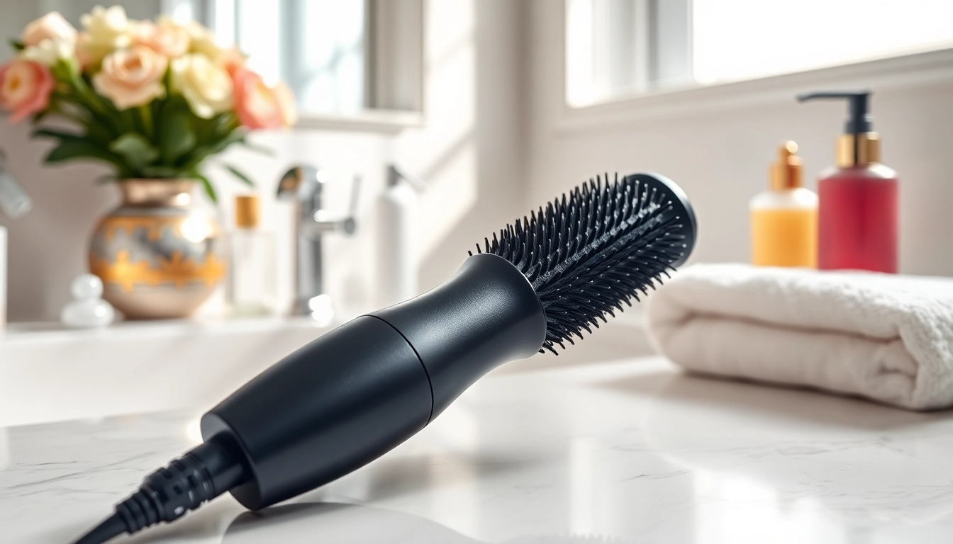 Using a blow dryer brush for a perfect blowout in a bright bathroom setting