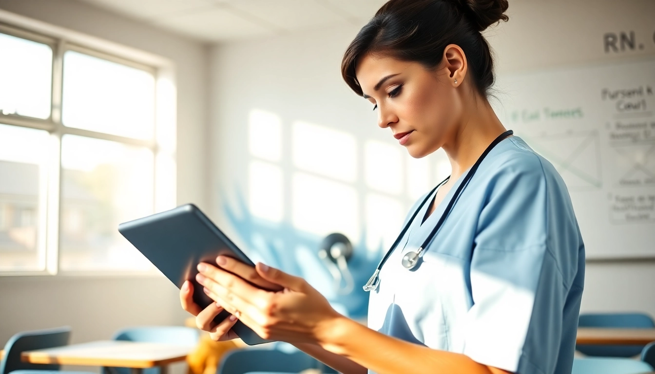 Visualize a focused nurse accessing rn ceus course materials in a modern classroom.