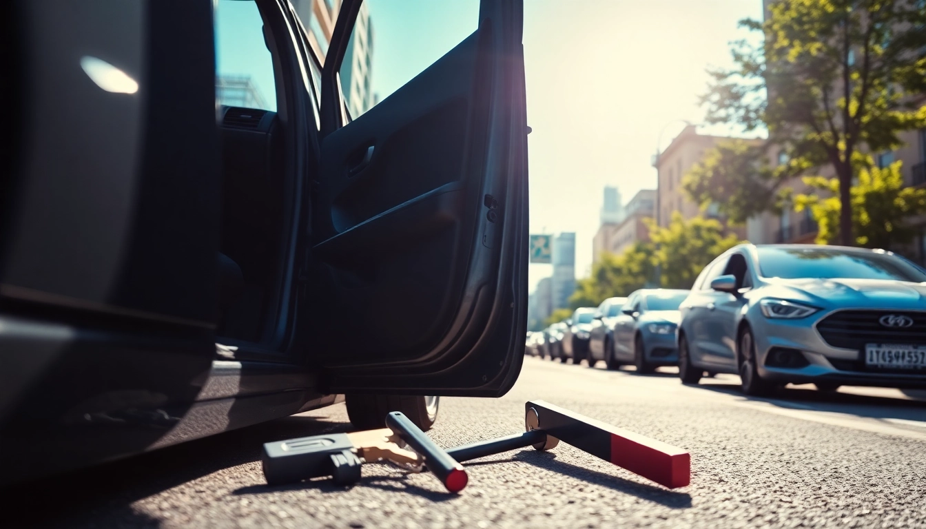 Person frustrated trying to retrieve Keys Locked in Car amid an urban backdrop.