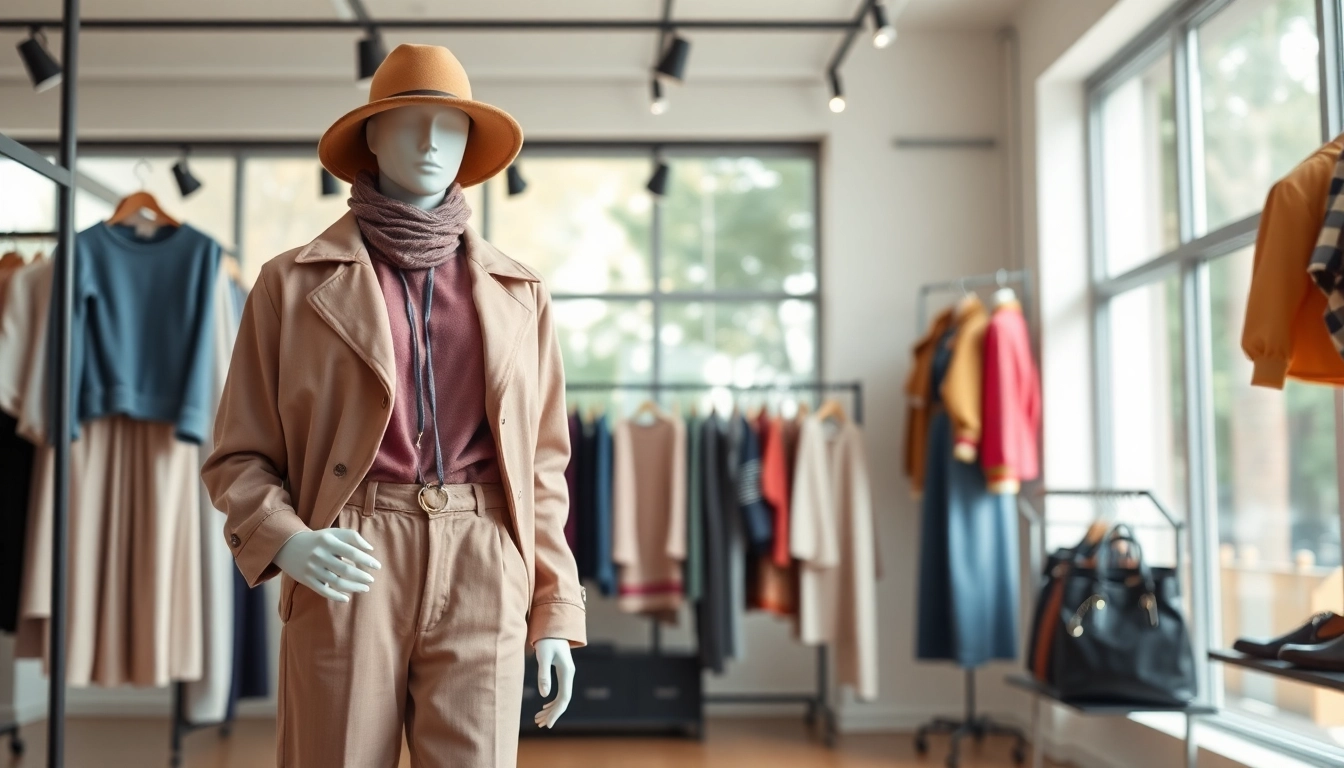 Showcasing a trendy outfit from north fashion in a stylish boutique setting.