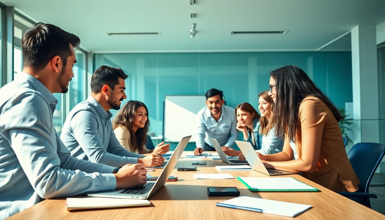 Team brainstorming to launch successful startup in a bright, modern office setting.