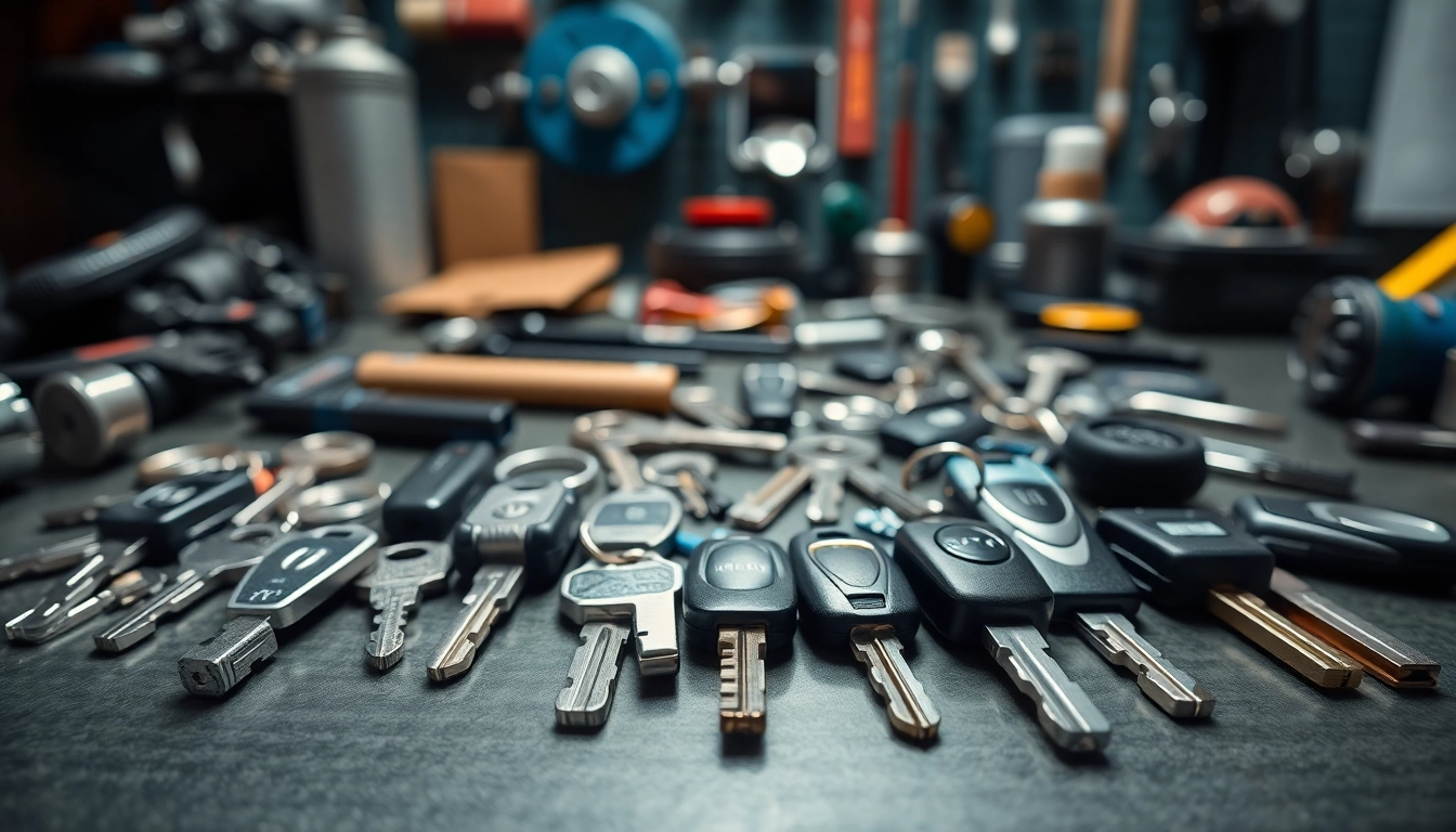 Showcasing diverse truck keys on a workbench, highlighting their unique designs and features.